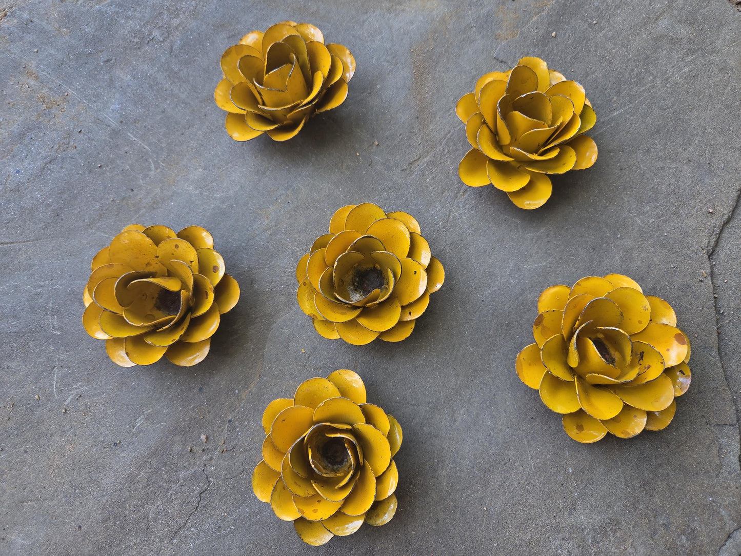 Set of 6 Metal Rusty Bright Yellow Roses