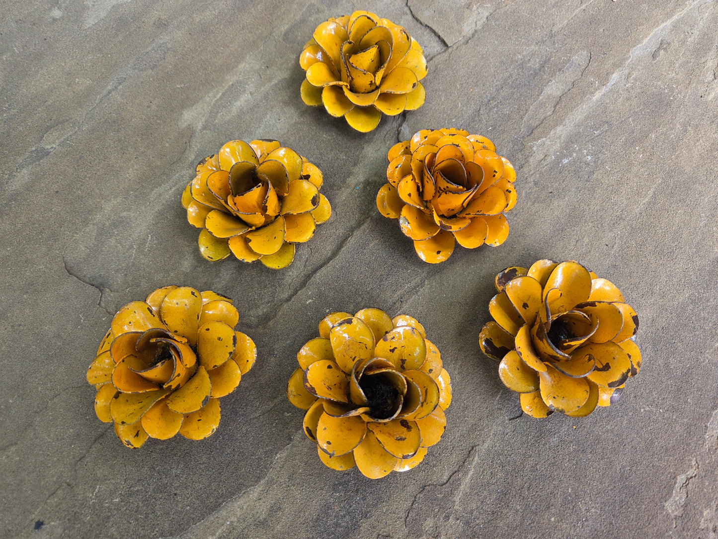Set of 6 Metal Rusty Bright Yellow Roses