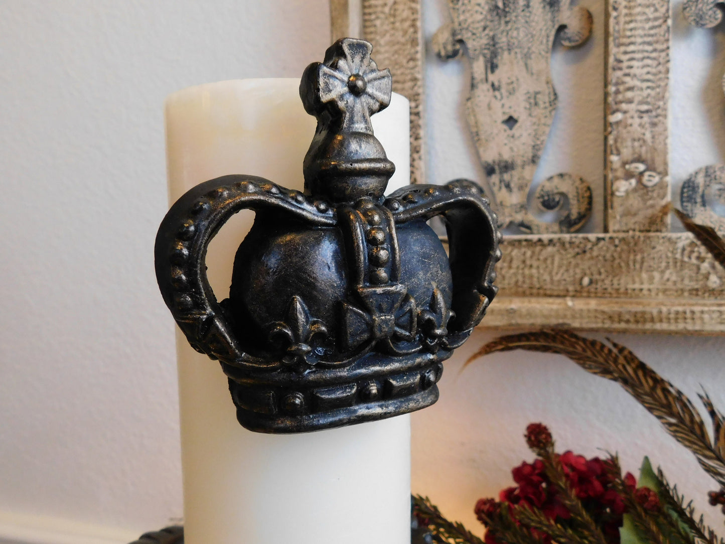 Ornate Candle Holder & Crown Candle Pin | PICK YOUR COLOR | Candle Holder Set Dining Table Centerpiece Table Decor Pillar Candle Holder