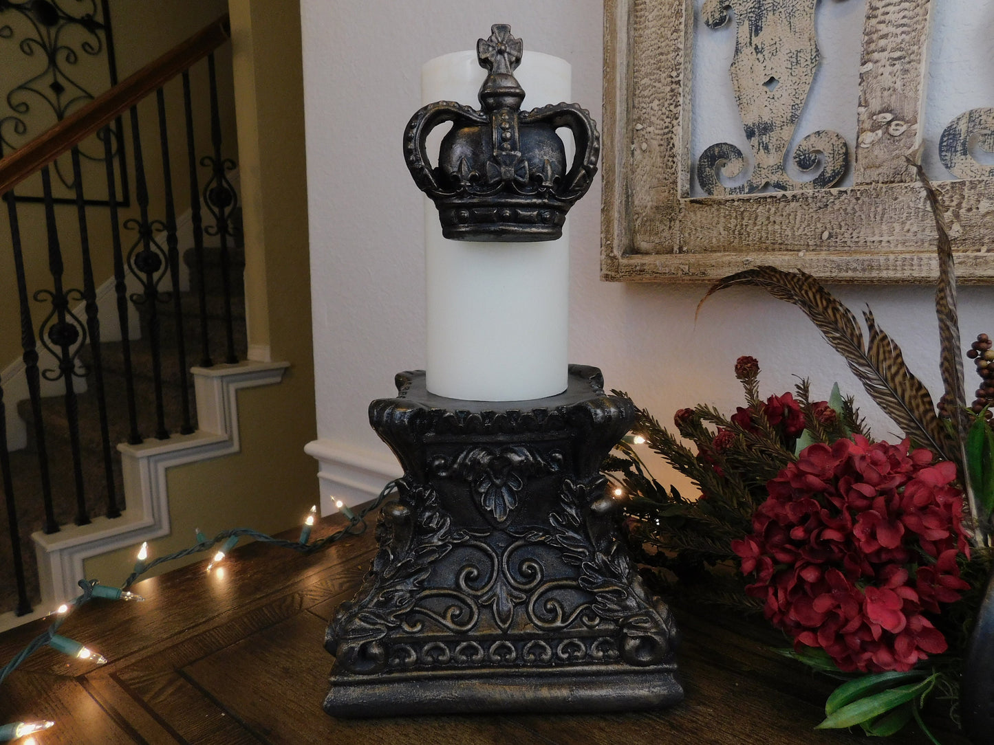 Ornate Candle Holder & Crown Candle Pin | PICK YOUR COLOR | Candle Holder Set Dining Table Centerpiece Table Decor Pillar Candle Holder