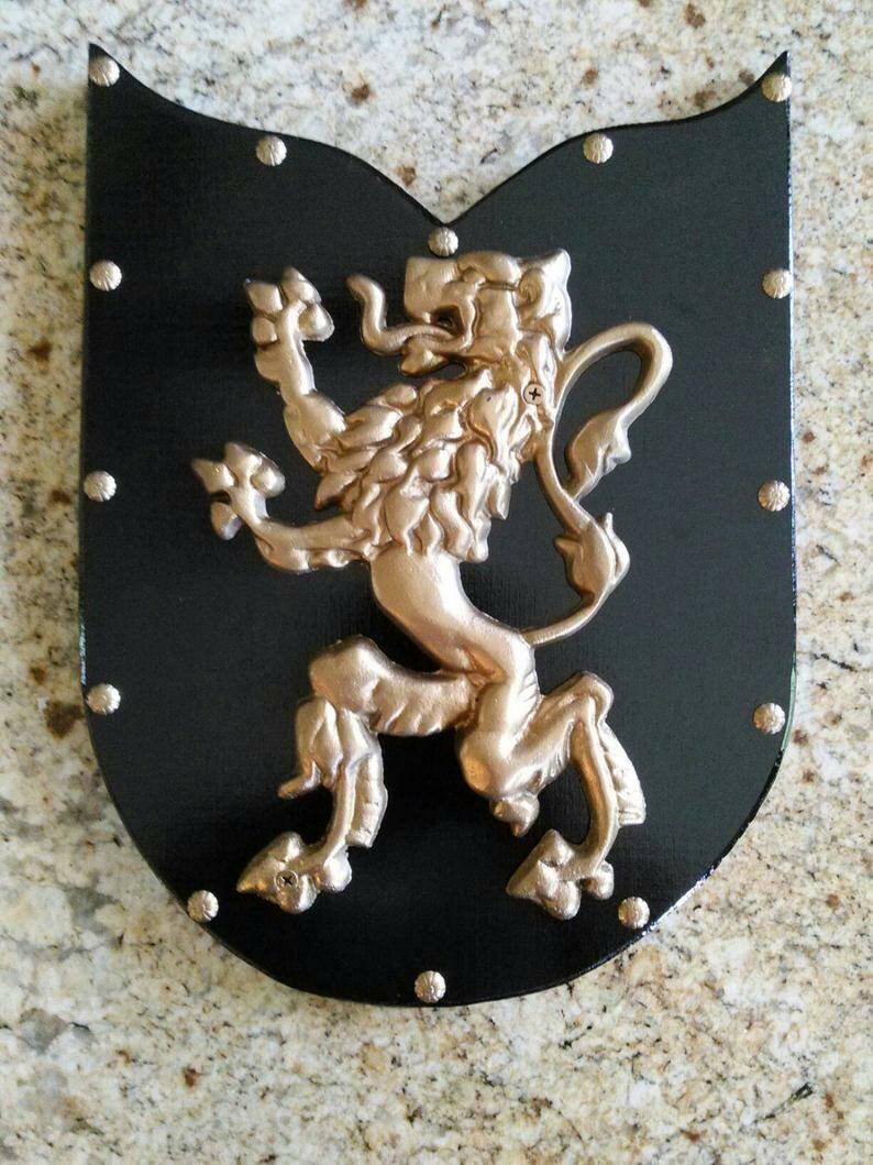 Wood Shield Medieval Wall Decor with Lion - FREE USA SHIPPING - Fleur de Lis, Cross, Old World, Plaque, Office, Gift, Study, Boss