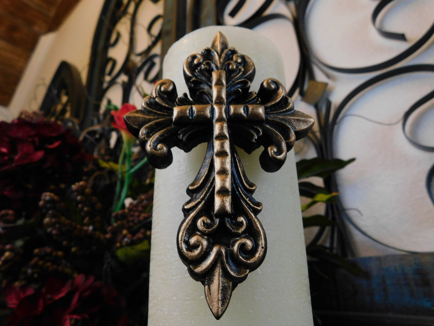 Set of 2 Cross Candle Pins - PICK YOUR COLOR - Old World / Tuscan / Medieval Decor | Crosses for Pillar Candles | FleurDeLisJunkie | Fleur