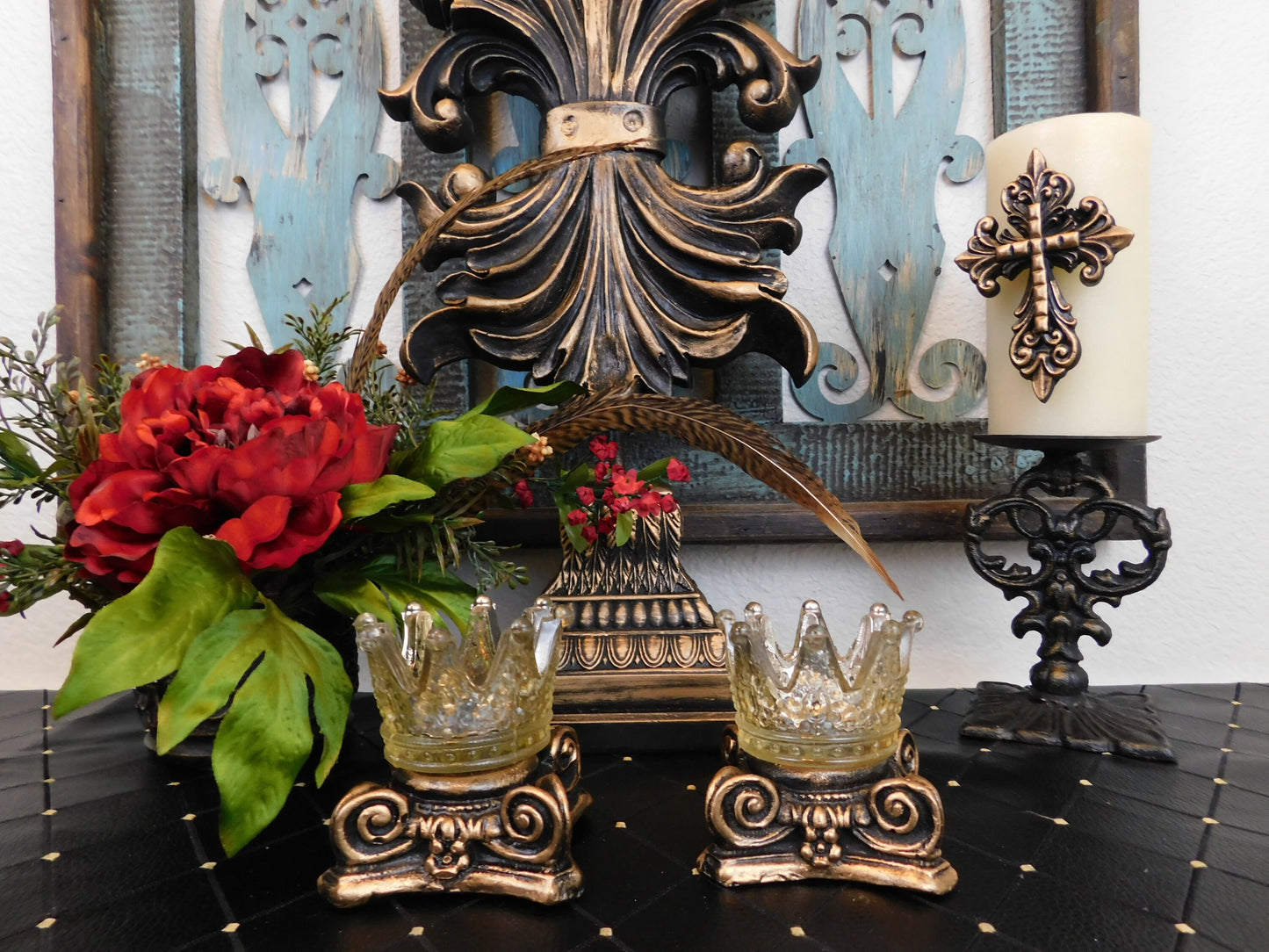 TWO GOLD Capital Candle Holder for Votive Candles WITH Glass Crowns | Pick Your Color | Rose Bowl Riser | FleurDeLisJunkie