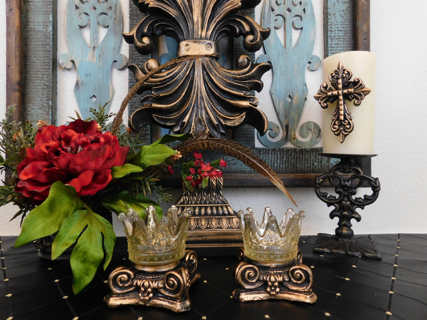 TWO GOLD Capital Candle Holder for Votive Candles WITH Glass Crowns | Pick Your Color | Rose Bowl Riser | FleurDeLisJunkie