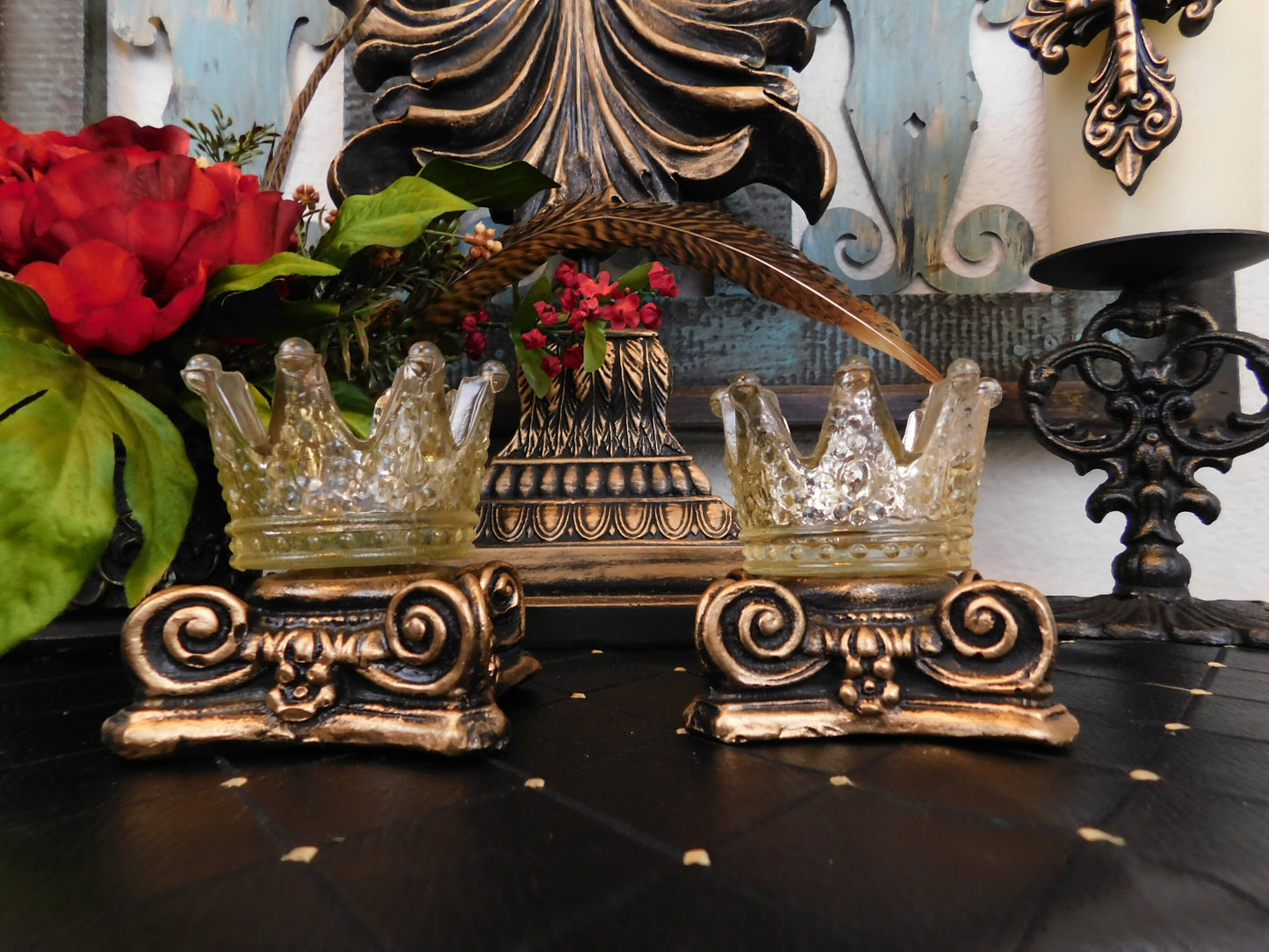 TWO GOLD Capital Candle Holder for Votive Candles WITH Glass Crowns | Pick Your Color | Rose Bowl Riser | FleurDeLisJunkie