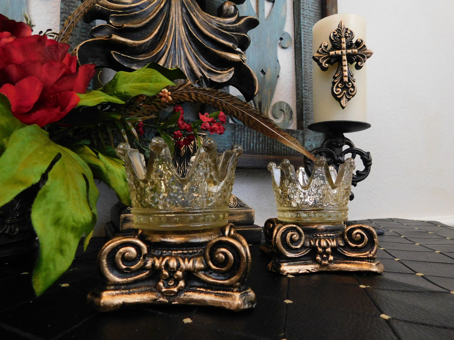 TWO GOLD Capital Candle Holder for Votive Candles WITH Glass Crowns | Pick Your Color | Rose Bowl Riser | FleurDeLisJunkie