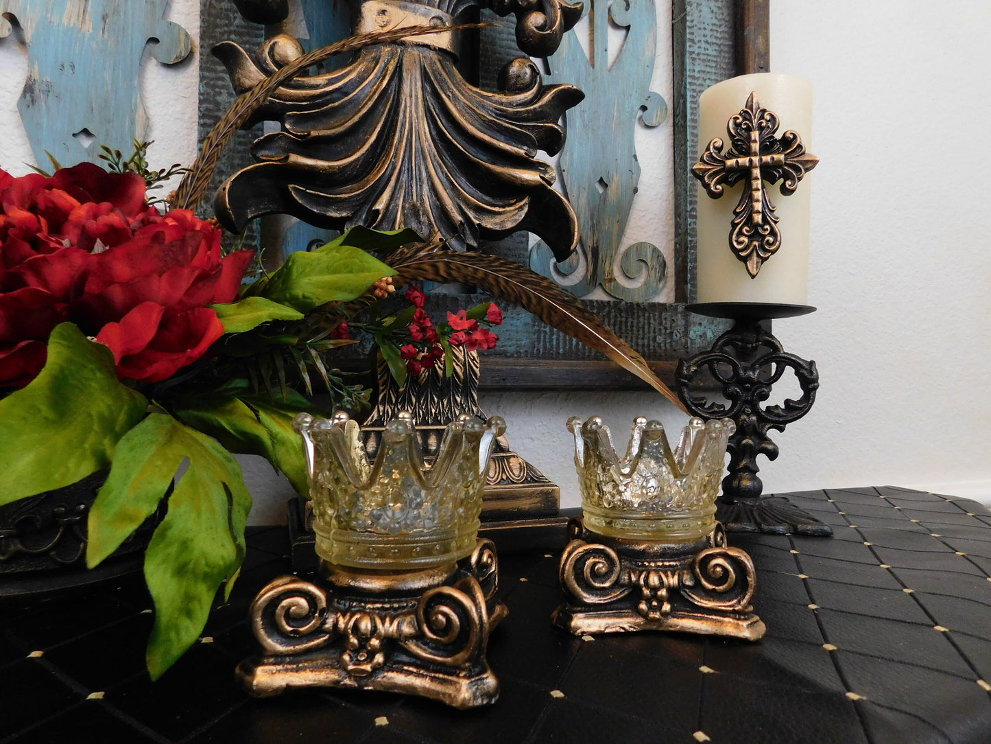 TWO GOLD Capital Candle Holder for Votive Candles WITH Glass Crowns | Pick Your Color | Rose Bowl Riser | FleurDeLisJunkie