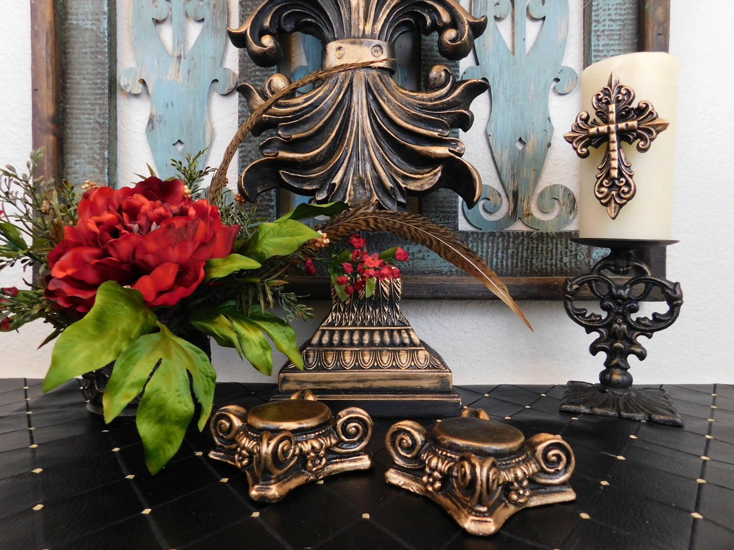 TWO Gold Capital Candle Holder for Votive Candles | PICK your COLOR | Rose Bowl Riser | FleurDeLisJunkie | Royal Castle Decor