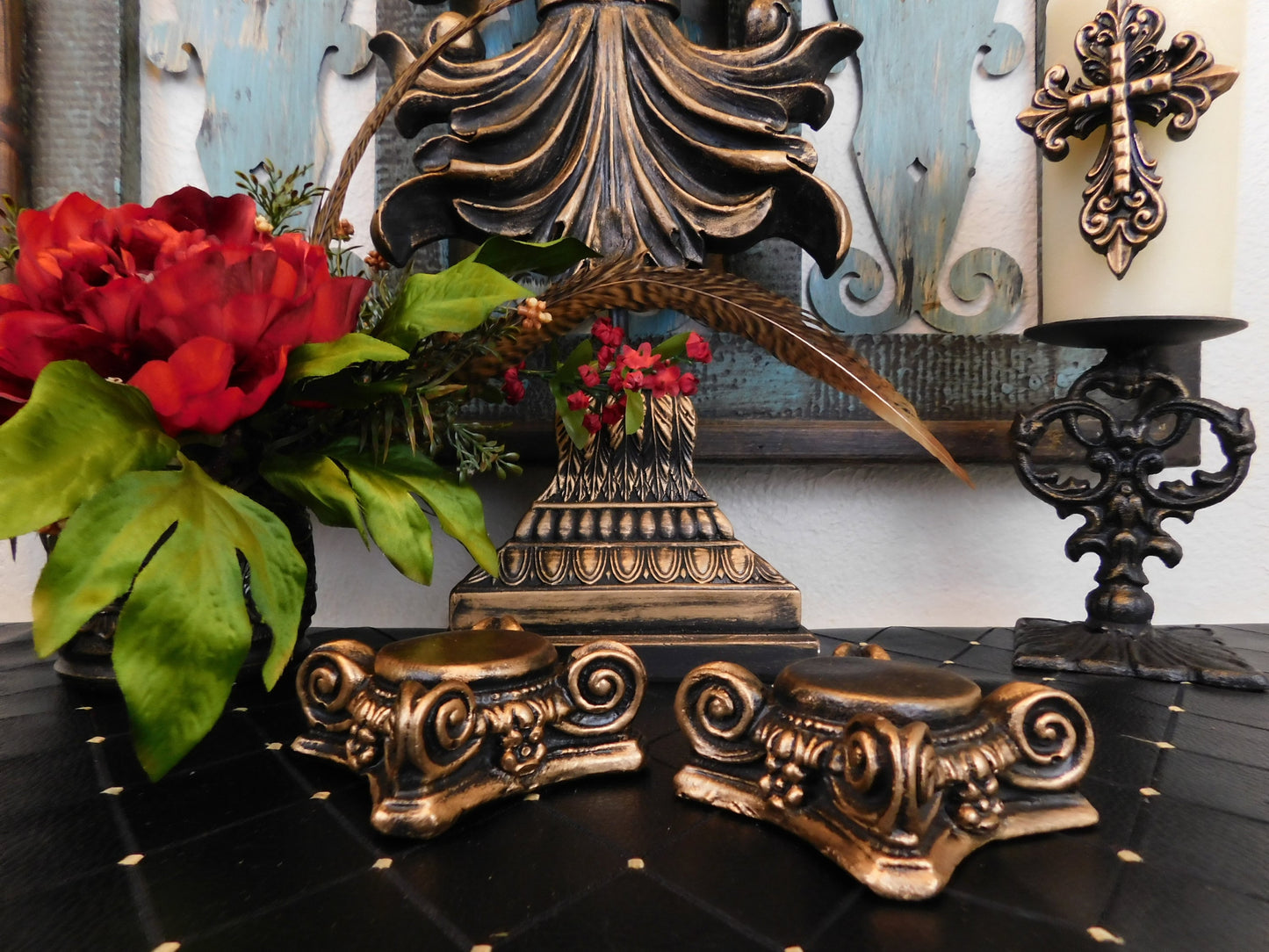 TWO Gold Capital Candle Holder for Votive Candles | PICK your COLOR | Rose Bowl Riser | FleurDeLisJunkie | Royal Castle Decor