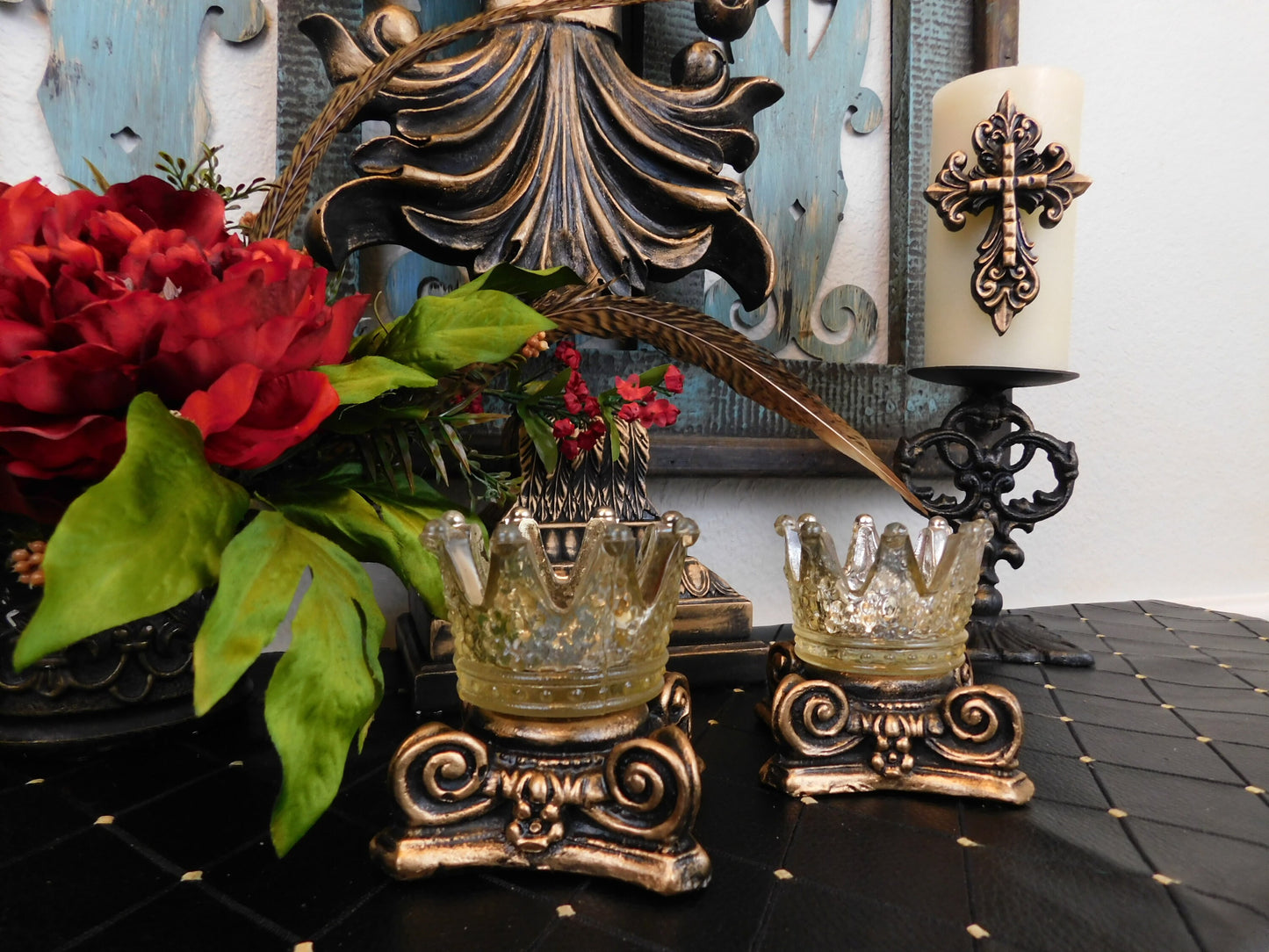 TWO GOLD Capital Candle Holder for Votive Candles WITH Glass Crowns | Pick Your Color | Rose Bowl Riser | FleurDeLisJunkie