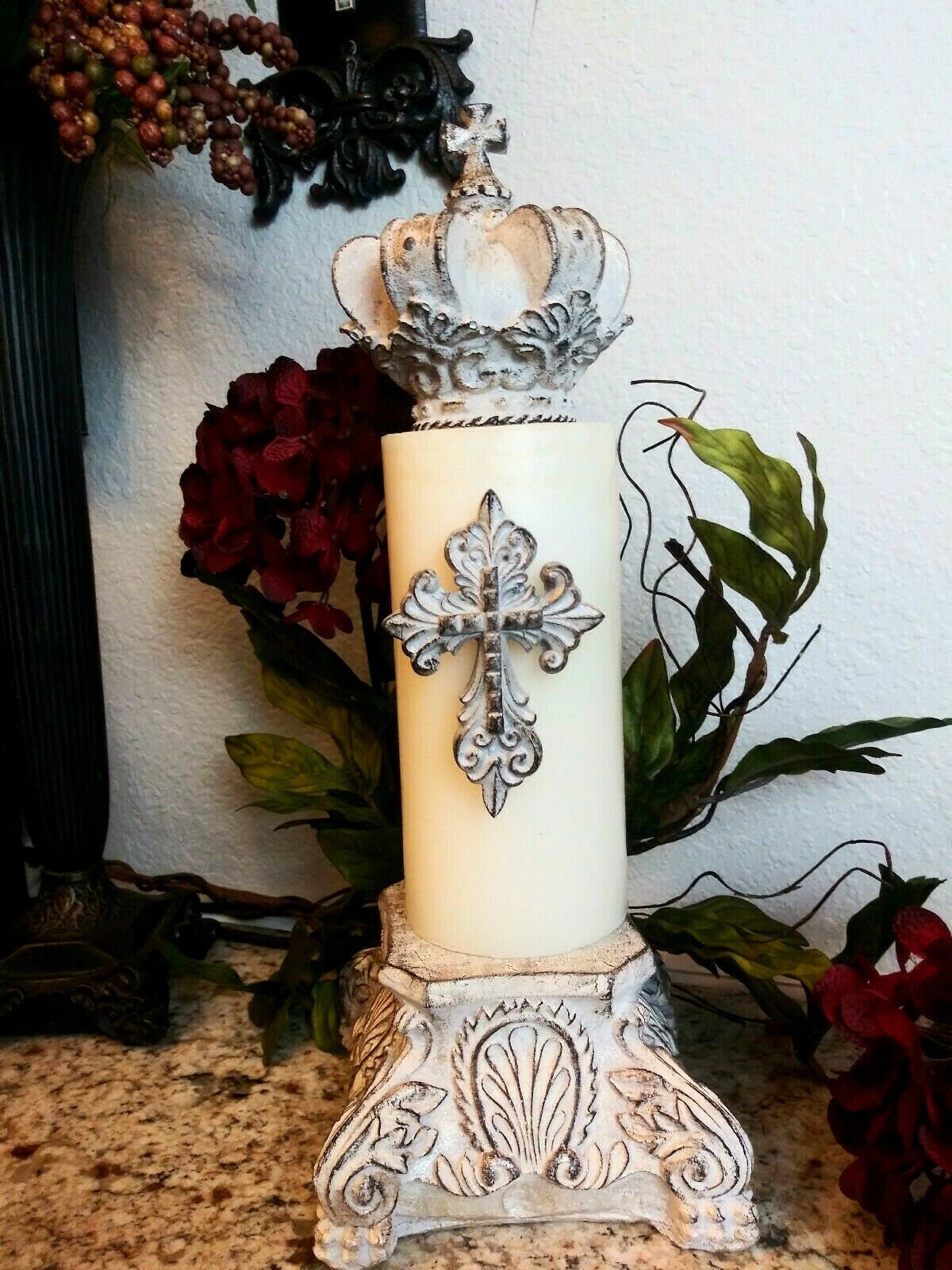 Pillar Capital Candle Holder & Cross Candle Pin + Crown Candle Topper - COMBO - Pick Your Color | Riser Pedestal | FleurDeLisJunkie |