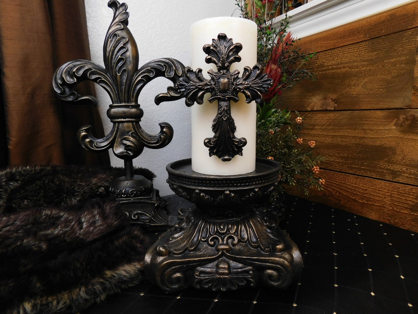 Pillar Candle Holder | PICK YOUR COLOR | Old World Royal Castle Home Decor | FleurDeLisJunkie | Fleur De Lis | Crown | Capital Riser