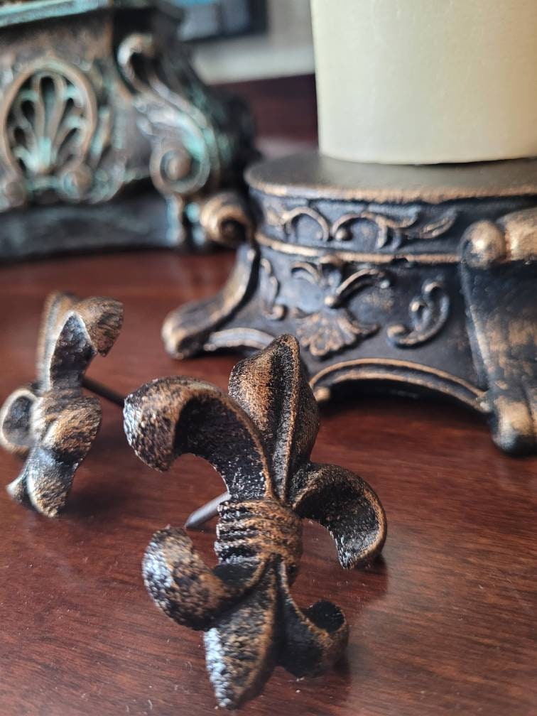 Set of 3 Iron Fleur de lis candle pins, tacks - PICK YOUR COLOR - Old World, French Country, Tuscan, Medieval, Gothic, New Orleans Saints