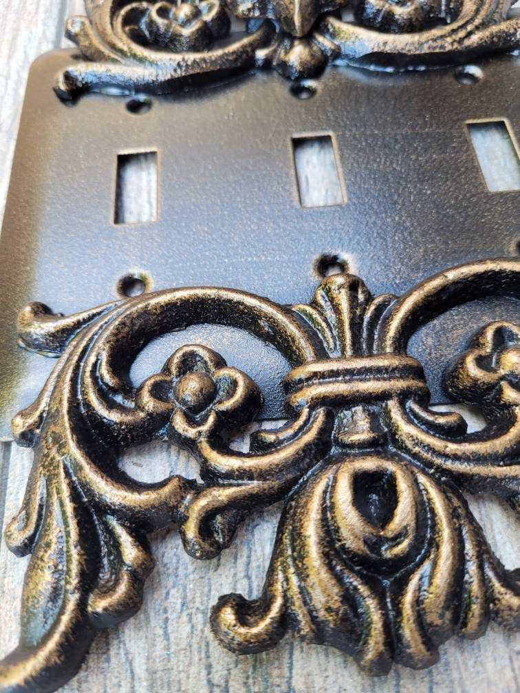 Metal Triple Toggle Light Switch Plate. PICK YOUR COLOR. 3 gang light switch cover, Medieval Gothic Royal Tuscan Decor. Three toggle switch