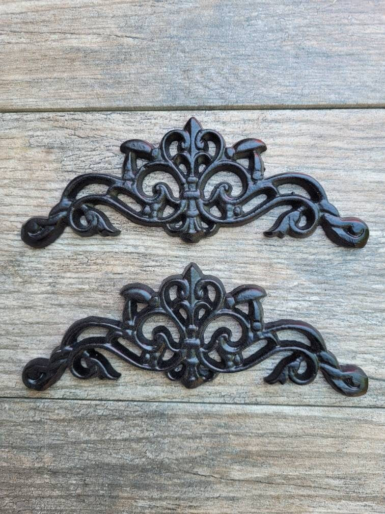TWO Cast Iron Scroll Toppers | PICK Your COLOR | Cabinet Hardware | Wall Plaques Tuscan Kitchen Pediment Bathroom sink inserts. Fleur de Lis