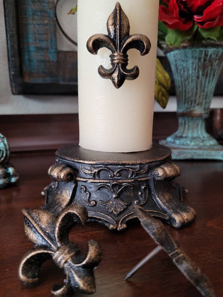 Set of 3 Iron Fleur de lis candle pins, tacks - PICK YOUR COLOR - Old World, French Country, Tuscan, Medieval, Gothic, New Orleans Saints