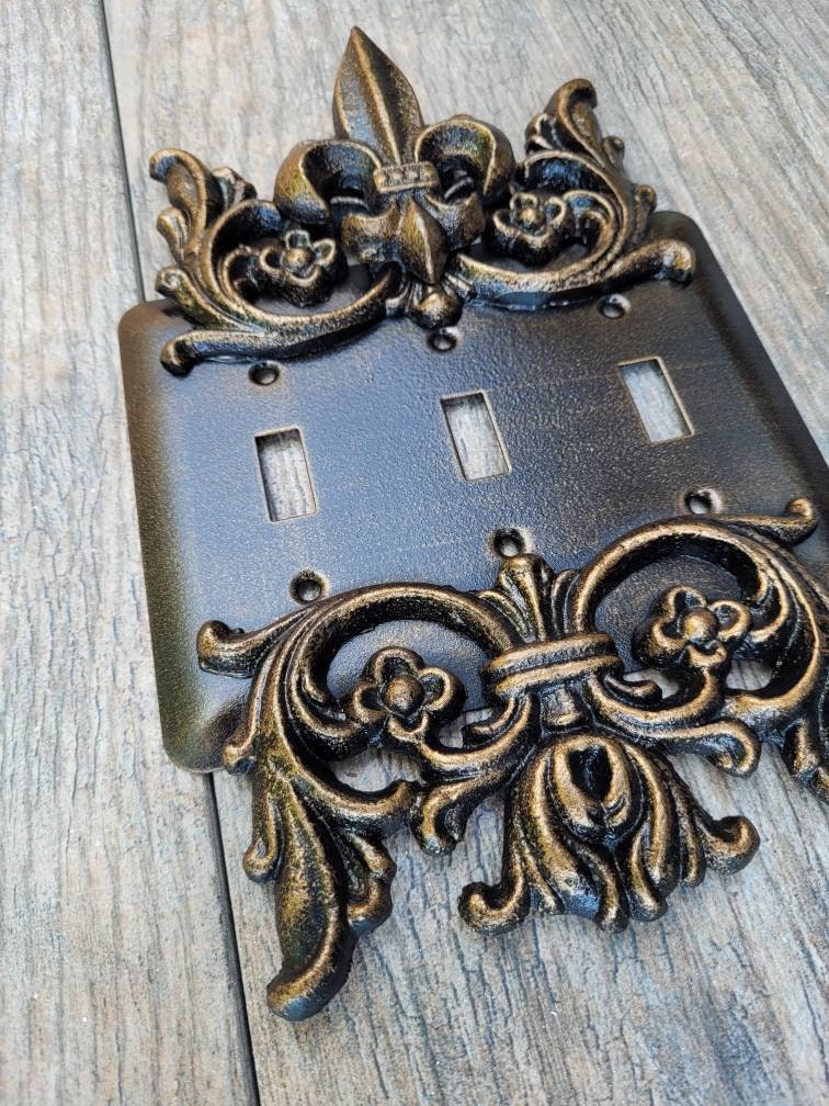 Metal Triple Toggle Light Switch Plate. PICK YOUR COLOR. 3 gang light switch cover, Medieval Gothic Royal Tuscan Decor. Three toggle switch