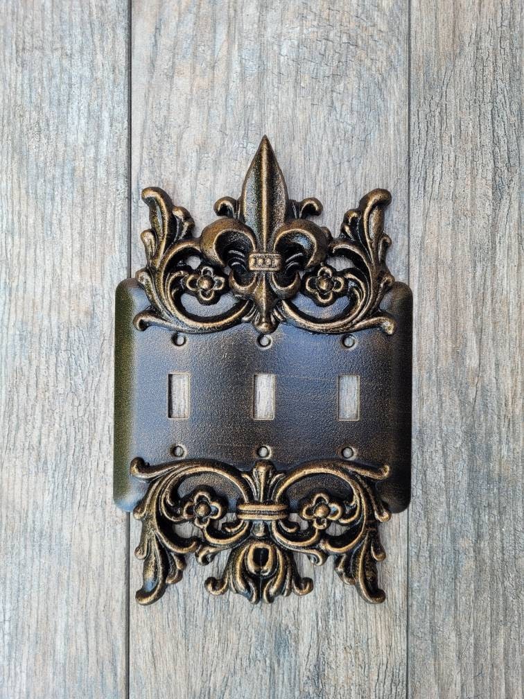 Metal Triple Toggle Light Switch Plate. PICK YOUR COLOR. 3 gang light switch cover, Medieval Gothic Royal Tuscan Decor. Three toggle switch