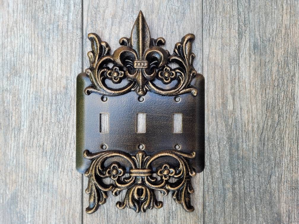 Metal Triple Toggle Light Switch Plate. PICK YOUR COLOR. 3 gang light switch cover, Medieval Gothic Royal Tuscan Decor. Three toggle switch