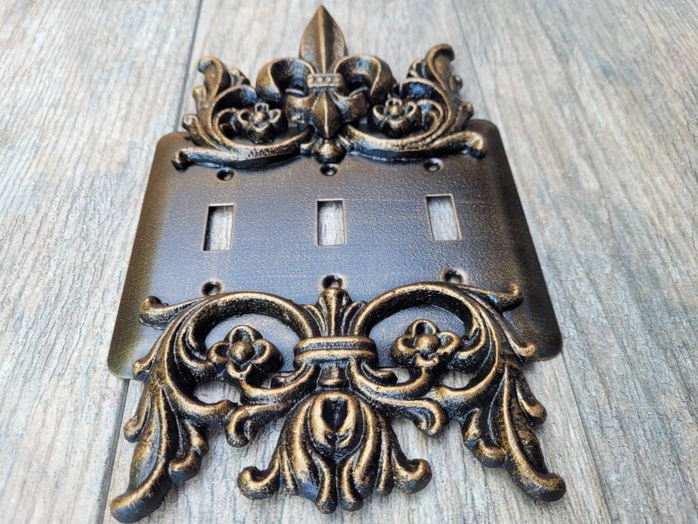Metal Triple Toggle Light Switch Plate. PICK YOUR COLOR. 3 gang light switch cover, Medieval Gothic Royal Tuscan Decor. Three toggle switch