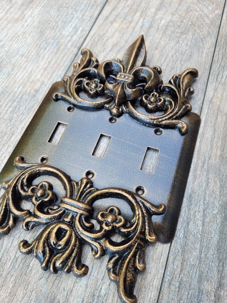 Metal Triple Toggle Light Switch Plate. PICK YOUR COLOR. 3 gang light switch cover, Medieval Gothic Royal Tuscan Decor. Three toggle switch