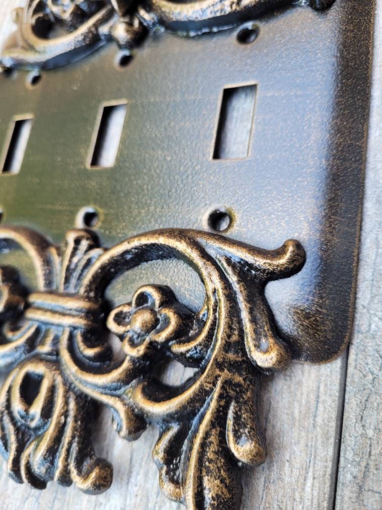 Metal Triple Toggle Light Switch Plate. PICK YOUR COLOR. 3 gang light switch cover, Medieval Gothic Royal Tuscan Decor. Three toggle switch