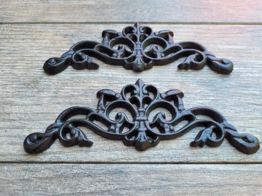 TWO Cast Iron Scroll Toppers | PICK Your COLOR | Cabinet Hardware | Wall Plaques Tuscan Kitchen Pediment Bathroom sink inserts. Fleur de Lis