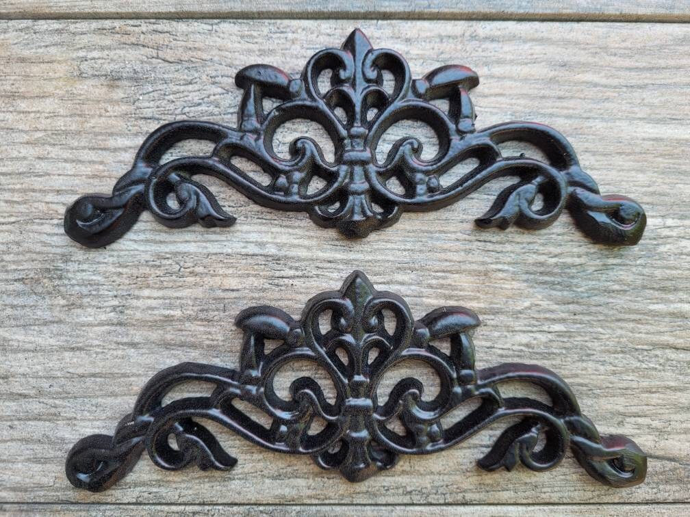 TWO Cast Iron Scroll Toppers | PICK Your COLOR | Cabinet Hardware | Wall Plaques Tuscan Kitchen Pediment Bathroom sink inserts. Fleur de Lis