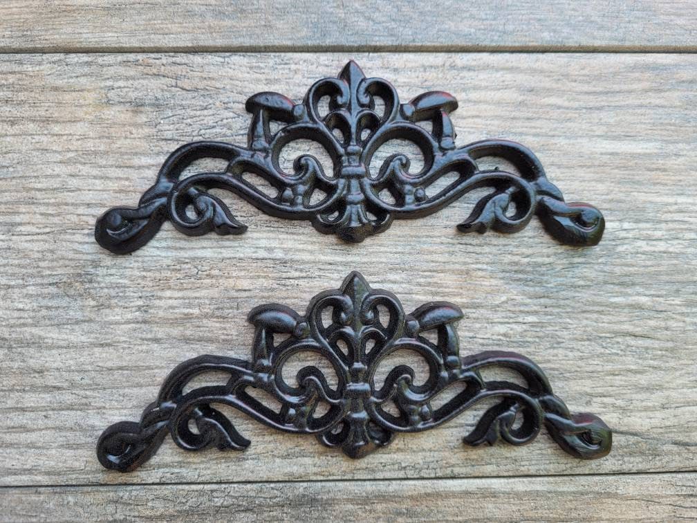 TWO Cast Iron Scroll Toppers | PICK Your COLOR | Cabinet Hardware | Wall Plaques Tuscan Kitchen Pediment Bathroom sink inserts. Fleur de Lis