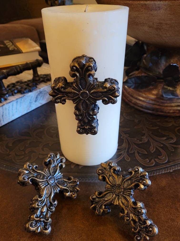 Set of 3 Cross Candle Pins for Pillar Candles. PICK YOUR COLOR. Crosses for Candles. Old World, Tuscan, Medieval Decor. FleurDeLisJunkie