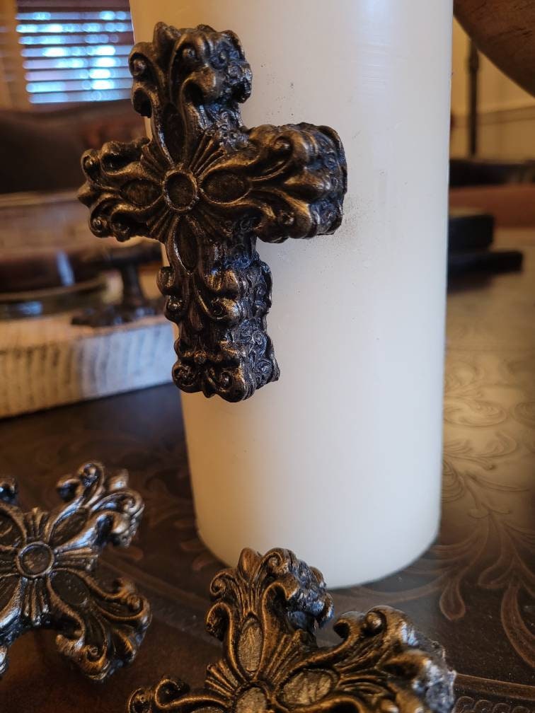 Set of 3 Cross Candle Pins for Pillar Candles. PICK YOUR COLOR. Crosses for Candles. Old World, Tuscan, Medieval Decor. FleurDeLisJunkie
