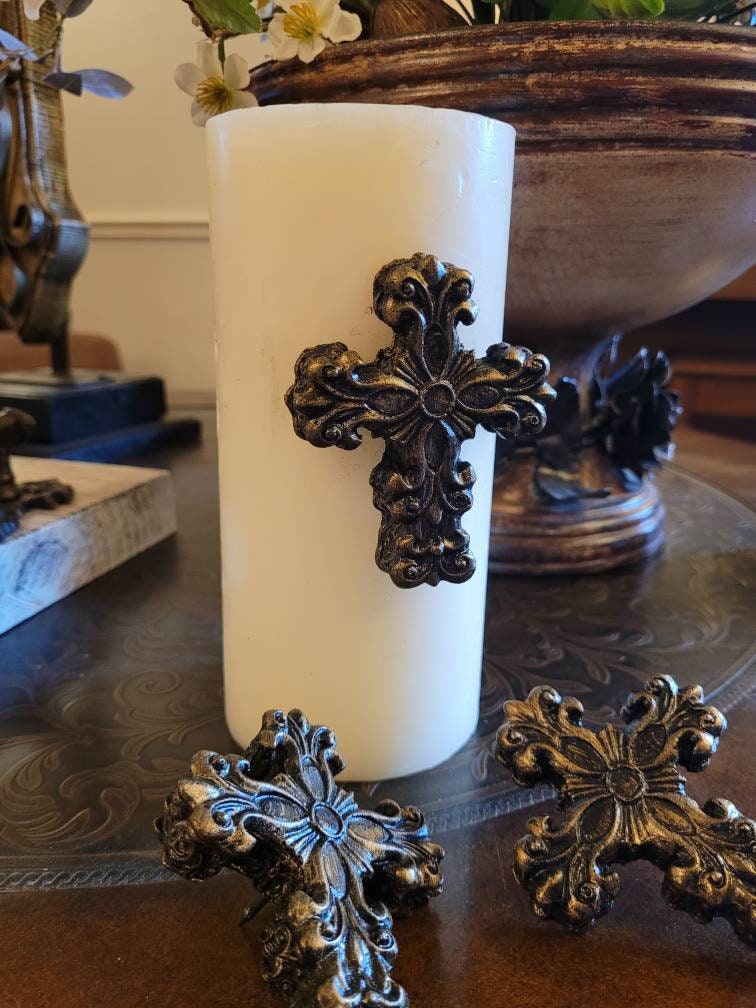 Set of 3 Cross Candle Pins for Pillar Candles. PICK YOUR COLOR. Crosses for Candles. Old World, Tuscan, Medieval Decor. FleurDeLisJunkie