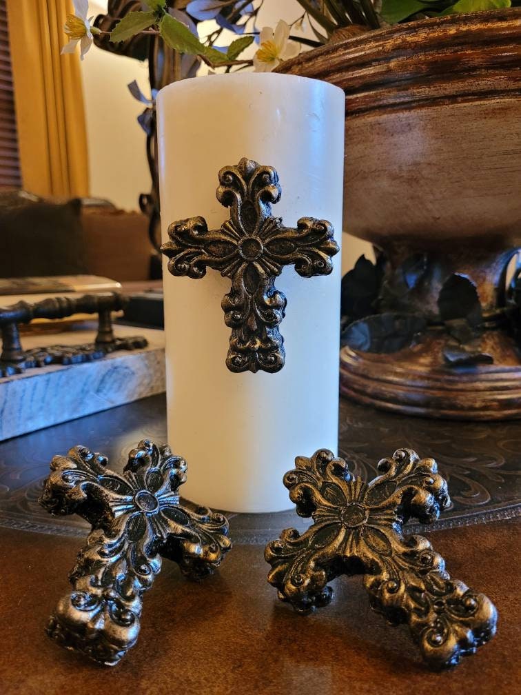 Set of 3 Cross Candle Pins for Pillar Candles. PICK YOUR COLOR. Crosses for Candles. Old World, Tuscan, Medieval Decor. FleurDeLisJunkie