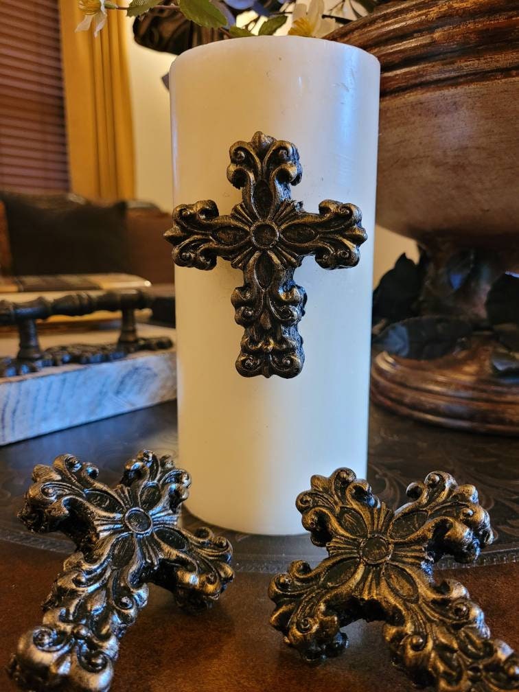 Set of 3 Cross Candle Pins for Pillar Candles. PICK YOUR COLOR. Crosses for Candles. Old World, Tuscan, Medieval Decor. FleurDeLisJunkie