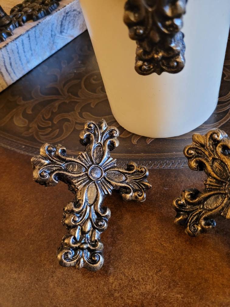 Set of 3 Cross Candle Pins for Pillar Candles. PICK YOUR COLOR. Crosses for Candles. Old World, Tuscan, Medieval Decor. FleurDeLisJunkie