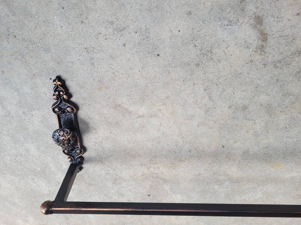 Metal Towel Bar with door knob style medallions. Bathroom fixture, bath accessory, decor. Original design. Tuscan, Vintage look, Eclectic