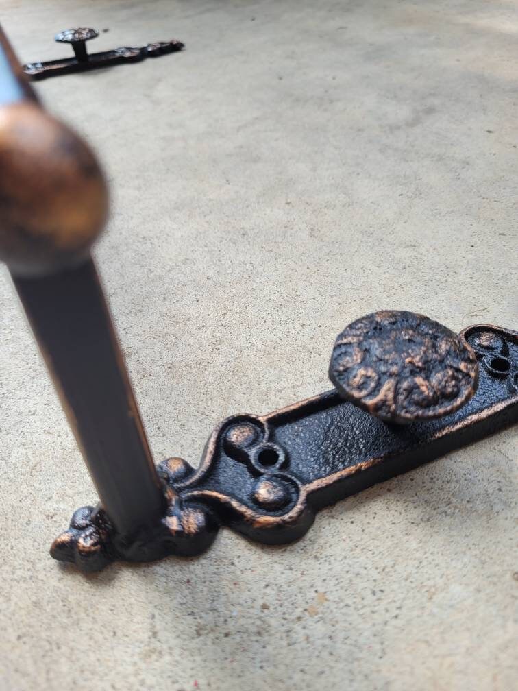 Metal Towel Bar with door knob style medallions. Bathroom fixture, bath accessory, decor. Original design. Tuscan, Vintage look, Eclectic