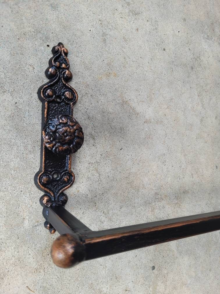 Metal Towel Bar with door knob style medallions. Bathroom fixture, bath accessory, decor. Original design. Tuscan, Vintage look, Eclectic