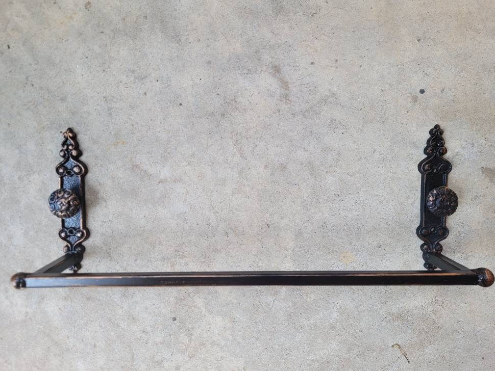 Metal Towel Bar with door knob style medallions. Bathroom fixture, bath accessory, decor. Original design. Tuscan, Vintage look, Eclectic