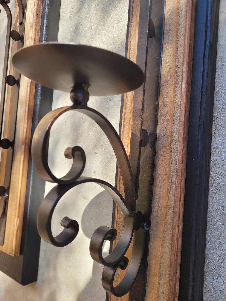 Candle Sconces | Set of 2 wall sconces | Wrought Iron Decor | pillar Candle holder | Wall Decor | wood iron wall decor, FleurDeLisJunkie