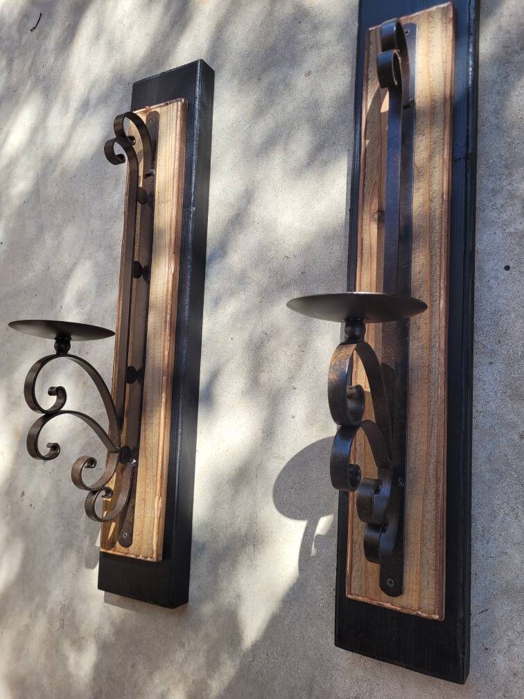 Candle Sconces | Set of 2 wall sconces | Wrought Iron Decor | pillar Candle holder | Wall Decor | wood iron wall decor, FleurDeLisJunkie