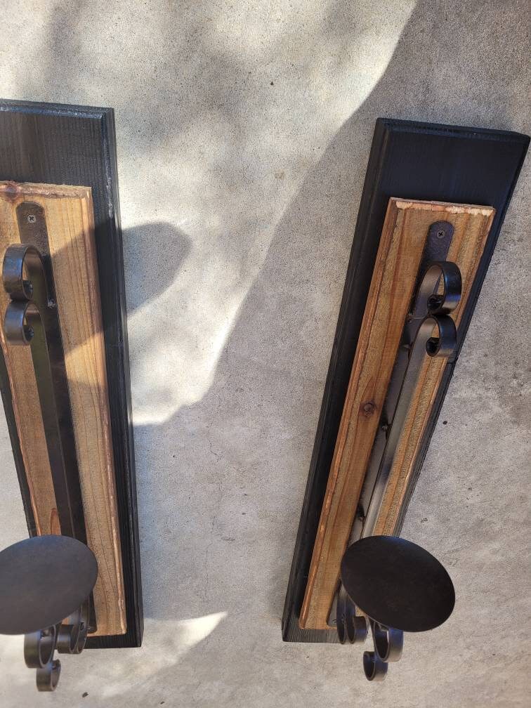 Candle Sconces | Set of 2 wall sconces | Wrought Iron Decor | pillar Candle holder | Wall Decor | wood iron wall decor, FleurDeLisJunkie