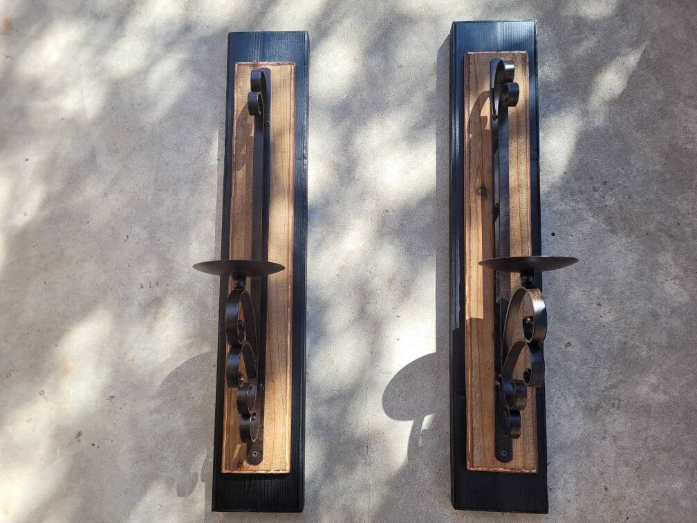 Candle Sconces | Set of 2 wall sconces | Wrought Iron Decor | pillar Candle holder | Wall Decor | wood iron wall decor, FleurDeLisJunkie