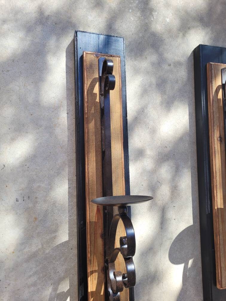 Candle Sconces | Set of 2 wall sconces | Wrought Iron Decor | pillar Candle holder | Wall Decor | wood iron wall decor, FleurDeLisJunkie