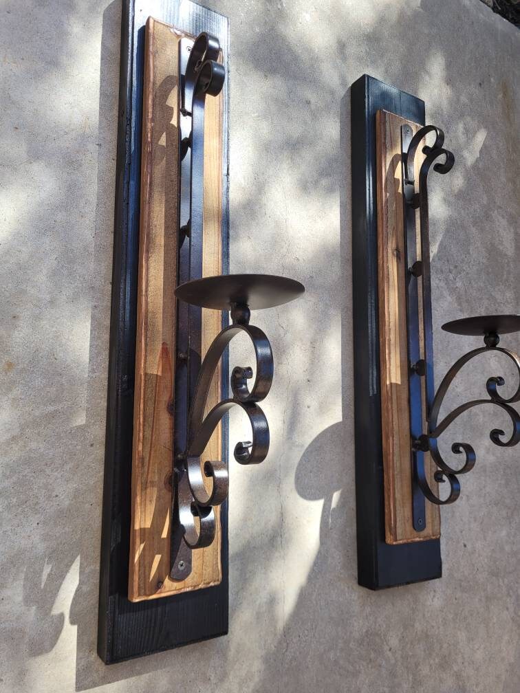 Candle Sconces | Set of 2 wall sconces | Wrought Iron Decor | pillar Candle holder | Wall Decor | wood iron wall decor, FleurDeLisJunkie