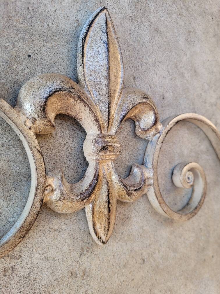 Cast Iron Fleur de Lis Topper Pediment Metal Art. PICK YOUR COLOR. French New Orleans Decor, Scroll over door decor. Tuscan Old world wall