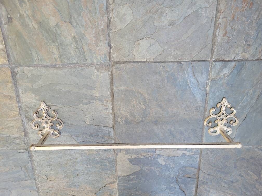 Metal Towel Bar with scroll medallions. Bathrooom fixture, hand painted and handmade. Iron Bath towel bar.