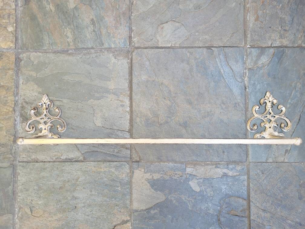 Metal Towel Bar with scroll medallions. Bathrooom fixture, hand painted and handmade. Iron Bath towel bar.