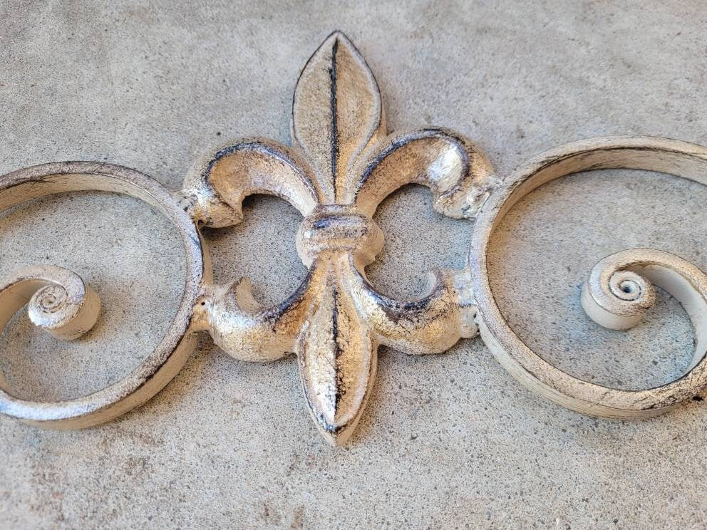Cast Iron Fleur de Lis Topper Pediment Metal Art. PICK YOUR COLOR. French New Orleans Decor, Scroll over door decor. Tuscan Old world wall