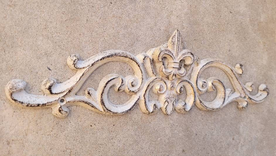 Fleur De Lis Topper Metal - PICK YOUR COLOR - 15.5"Wall Plaque Valance, Old World, Tuscan Metal Art, Cabinet Hardware, Kitchen, Bathroom